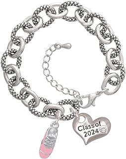 Class of 2024 Heart Charm Bracelet with Enamel Painted 3-D Running Shoe, Metal Base and Crystal, Lobster Claw Clasp and Link Chain