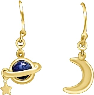 Quan Jewelry NASA Saturn with Star and Moon Stud Earrings, Travel, Exploration Gifts, Unique Present for Space, Moon and Planet Lovers