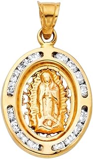 14K Yellow Gold Pendant Necklace Featuring Virgin of Guadalupe Charm Adorned with Cubic Zirconia Accents - Other-Clasp-Type
