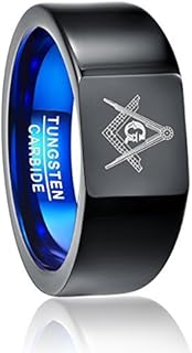 Unisex Tungsten Carbide Square Ring with Blue and Black Freemason Design, Size 7-12
