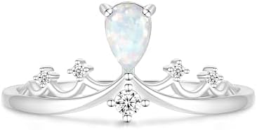 TIGRADE Sterling Silver Opal Inlay Engagement Ring with Cubic Zirconia Princess Crown Design - Eternity Promise Wedding Band for Women, Sizes 4 to 11