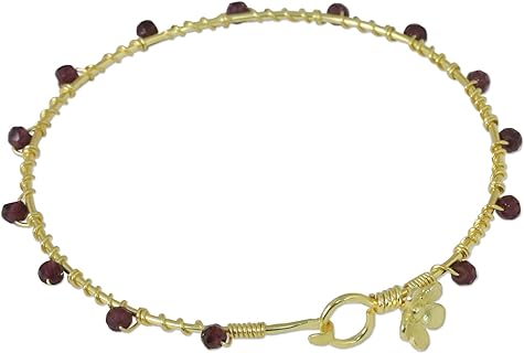 NOVICA Handmade Gold Plated Garnet Bangle Bracelet Floral from Thailand Red Tone Birthstone [7.5 in Inner Circ. 4 mm W] 'Floral Berries'