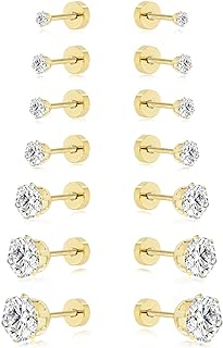 Flat Back Earrings for Women: 7 Pairs 14K Gold Plated Flatback Stud Earrings 316L Surgical Stainless Steel Small Cubic Zirconia Earrings Studs for Women Men 2-8MM