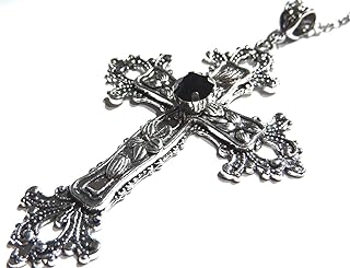 Large Gothic Cross Necklace silver-tone pendant with glass stone, on 24" steel chain…