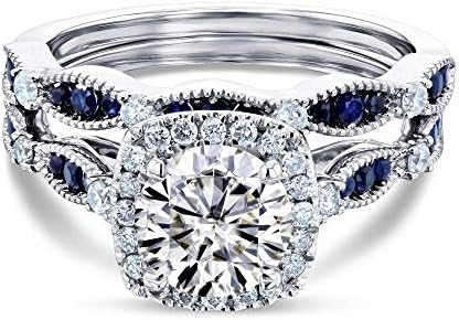 Elegant White Gold Kobelli Round Moissanite, Diamond & Blue Sapphire Bridal Set for Brides, Intricate Design