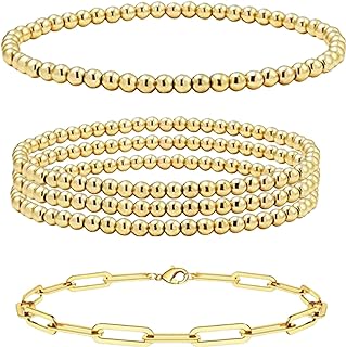 14k Gold Plated Bead Bracelet Stack for Women，Gold Beaded Bracelets Set，Stackable Layered Bracelets Metal Fashion Jewelry
