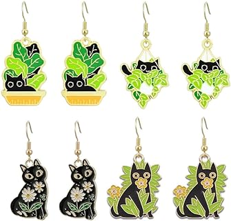 Cute Cat Earrings for Women Girls Black Cat Flower Dangle Earrings for Cat Lover Jewelry Gifts