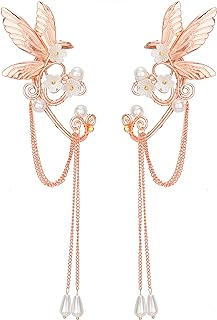 Fariy Wing Ear Cuffs for Women Girls, Handmade Butterfly Dragonfly Wings Pearls Tassel Earrings