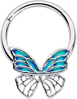 Body Candy 16G 316L Steel Hinged Segment Ring Seamless Cartilage Nipple Blue Wing Butterfly Nose Hoop 3/8"
