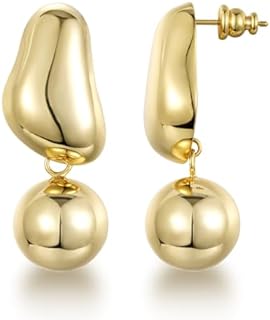 Push Back Chunky Drop Earrings in 14K Gold Plated Copper by KissYan for Women - Ball Design Statement Jewelry
