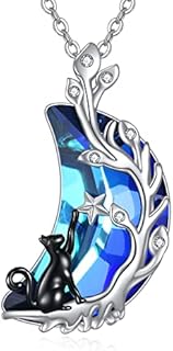 Blue Crystal Moon Cat Necklace for Women 925 Sterling silver Black Cat Jewelry Black Cat Gift Birthday Christmas