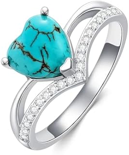 925 Sterling Silver & Genuine Turquoise Engagement Ring - Heart Shaped Gem for Women & Moms - Statement Jewelry Gift Size 6