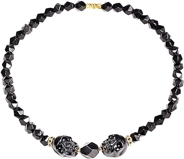 Swivel Clasp Black Obsidian Skull Bead Necklace with Ball Chain for Men and Women - Zinc Crystal Choker Design