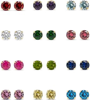 Olive & Chain Solid 14K Gold Solitaire Birthstone Earrings Studs, 4-Prong Basket Set Round CZ Gems Unisex Men’s Women’s