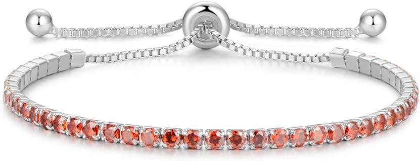 Sterling Silver Birthstone Tennis Bracelet with Box Chain and Fish Hook Clasp, Cubic Zirconia Gem, Ideal Women & Girls Gift - Adjustable Size 9 Inch