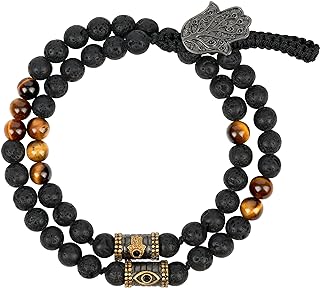 Karma and Luck Deluxe - Tiger's Eye Lava Onyx Charm Bracelet with OM Symbol, Hamsa Hand Protection, Beaded Design, Perfect Gift for Loved Ones