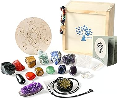 Spiritual Tranquility 20Pcs Healing Stones & Crystals Set with Selenite Crystal Necklace & Silver Chain - Hand-selected for Yoga, Reiki, Energy Balancing & Meditation