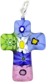Glass Of Venice Murano Glass Millefiori Cross Pendant Necklace for Women. 1" Glass Cross Multicolor with Silver-Plated Bail - Murano Glass Jewelry Gifts Handmade In Italy