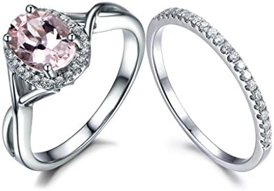 2pcs Engagement Rings Sets,6x8mm Oval Pink Morganite Gemstone Halo Vintage Ring Diamond Matching Band 14k