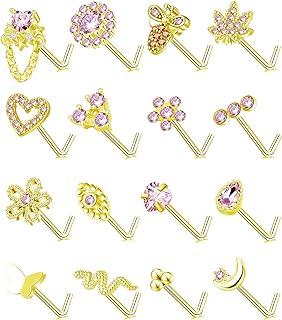 Tornito 16Pcs Nose Stud Rings L Screw Shaped Nose Ring Flower Snake Butterfly Heart Eye CZ Dangle Nose Rings Stud Body Piercing Jewelry for Women Men 20G Silver Pink Tone