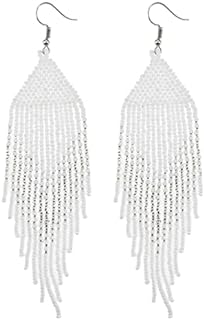 Geometric Beaded Earrings – Long Bohemian Handmade Large Tribal Native Beaded Tassel Drop Earrings for Women Girls, Big Statement Boho Seed Bead Fringe Chandelier Dangle Earrings