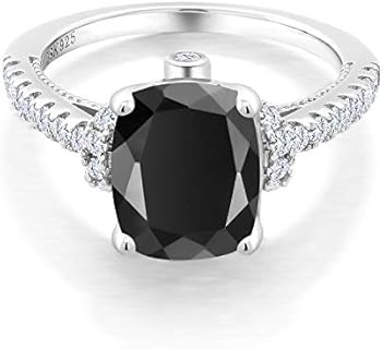 Gem Stone King 925 Sterling Silver Black Onyx and White Created Sapphire Ring | 10X8MM Cushion Cut Gemstone Birthstone Ring For Women | 3.14 Cttw | Available In Size 5, 6, 7, 8, 9