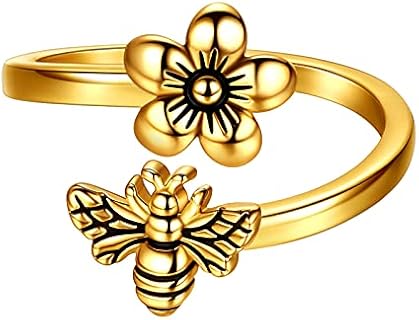 beautlace Honey Bee and Flower Adjustable Ring Silver/18K Gold/Black Gun Plated Daisy Flower Bee Open Ring Jewelry Gift for Women Girls Wife Daughter Mom KR0030