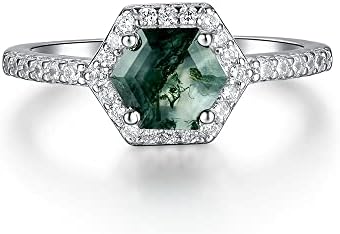 Natural Moss Agate Gemstone Genuine 925 Sterling Silver Ring for Women Hexagon Women's Ring for Engagement Silver 925 Jewelry
