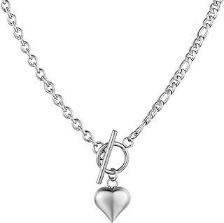 HZMAN Women Stainless Steel Multilayer Necklace Heart Pendant Dog Tag Pendant Chunky Cuban Chain Link Toggle Clasp Necklace