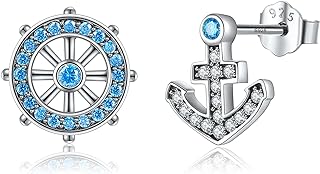 Sterling Silver Anchor Stud Earrings with Push Back Finding, Cluster Design, Nautical-Themed Women's Girls' Jewelry