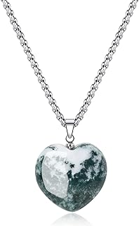 Lobster Clasp Agate Pendant Necklace with Stainless Steel Box Chain for Women - Heart Shaped Moss Agate Design