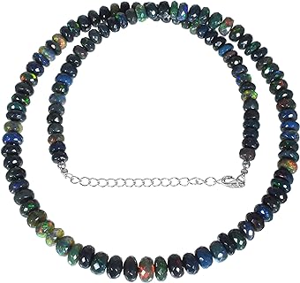 Black Opal Bead Necklace With Sterling Silver Chain Designed for Her, Natural Ethiopian Fire Opal