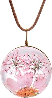 Queen Anne's Lace Daisy Pressed Flowers Transparent Round Pendant Necklace (7 Colors)