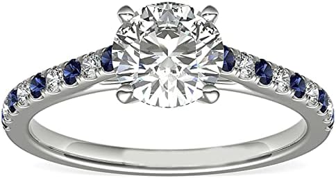 1 ct Moissanite with Blue Sapphire Accents Engagement Ring for Women, Anniversary Wedding Rings Bands