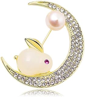 Rhinestone Shell Pearl Rabbit Moon Brooch Pin for Women Girls Crystal Imitation Pearls Crescent Animal Brooches Lapel Pins Dress Accessories Birthday Christmas Easter Jewelry Gift Xmas Festival Ornament