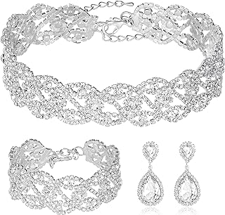 3/4 Pieces Women Jewelry Set Rhinestone Crystal Bride Statement Choker Necklace Tiara Crown Link Bangle Bracelet Teardrop Dangle Earrings Set for Wedding Party