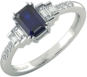 3.80 Carat Blue Sapphire and Diamond Baguette Wedding Band Rings For Women 14K White Gold Anniversary Enagagement Prong Setting (Centre Blue Gemstone 3 ctw,Clarity I2, Color HI)