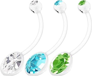 BanaVega 3PCS Bioflex Belly Rings with Aquamarine, Clear and Peridot Crystals in Elegant Ball Design for Pregnancy