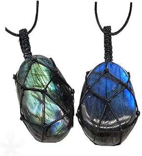 Labradorite Dragon Heart Necklace, Natural Polished Palm Green Blue Dragons Heart Necklace for Women Men(2Pcs)