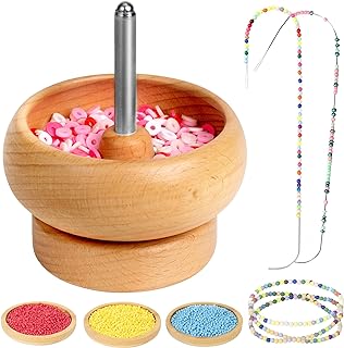 Tilhumt Bead Spinner for Jewelry Making, Effortless Rotating Wooden Clay Bead Spinner with 2 Big Eye Beading Needles and 3000 Seed Beads, Beading Supplies for Making Waist, Bracelets, Necklace