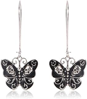 Black Butterfly Dangle Drop Earrings With Hoop for Women Girls Gift - 1Pair Metal Punk Butterfly Moth Skull Dangle Earrings Jewelry