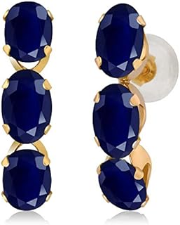 14K Yellow Gold Blue Sapphire Hoop Earrings for Women with Push-back, Oval Shape Design, Ideal September Birthstone Gift