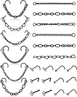 Nose Ring Nose Chain Piercing Across Double Nose Stud Chain Jewelry CZ Heart Ball l Shaped Stainless Steel Nose Piercing Stud Nostril Jewelry for Women Men