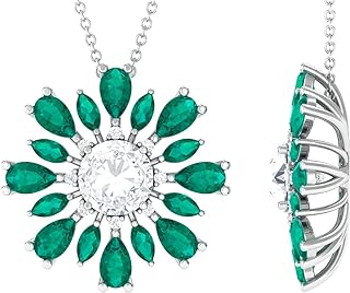 Sterling Silver Moissanite Flower Pendant Necklace with Lobster Clasp, Emerald Accents, Perfect Gift for Her, Indian Craftsmanship
