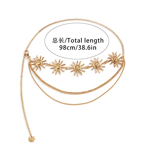 Boho Metal Sun Flower Pendant Waist Chain Belt Summer Beach Sun Body Chain Waistband Sexy Trendy Multilayer Link Belly Chain Belt Bikini Waist Jewelry for Women