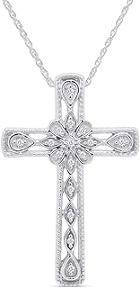 14k White Gold Plated Silver Diamond Accent Flower Cross Pendant Necklace with 18" Rope Chain for Women, Vintage Style, Spring Ring Clasp