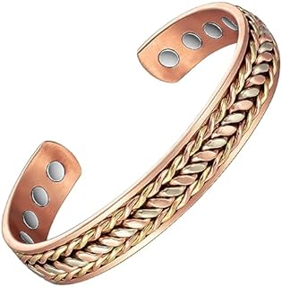 Women's Vintage Pure Copper Magnetic Cuff Bracelet by Wollet with Bead Chain - Adjustable Arthritis and Joint Pain Relief Jewelry Gift