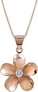 Honolulu Jewelry Company 14K Rose Gold Plated Sterling Silver CZ Plumeria Flower Nature Necklace Pendant with 18" Box Chain