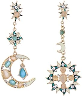 Vintage Asymmetrical Sun and Moon Drop Dangle Earrings Rhinestone Crystal Moonstone Crescent Star Long Stud Earrings Bohemian Exaggerated Luxury Statement Earrings for Women Girls Jewelry