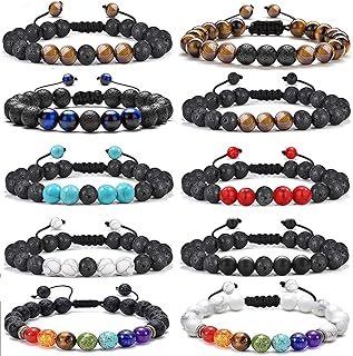 10-Piece Bead Chain Bracelets with Essential Oil Lava Rock & Tiger Eye Stones for Men & Women, Easy Hook Clasp, Stress Relief Design